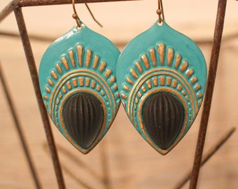 Hand Painted & Distressed Turquoise Brass W Vintage Matte Sapphire Stones Boho Earrings