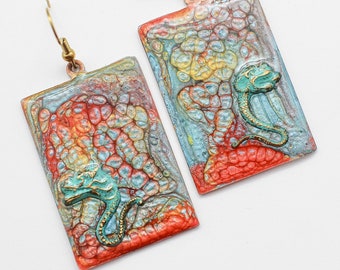 Abstract Fluid Art W/ Vintage Kooky Dragon Findings Encased in Resin Earrings