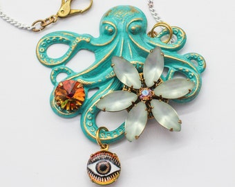 Hand Painted Octopus W/ Vintage Flower Bauble, Evil Eye & Marea Crystal Rivoli Assemblage Pendant Necklace