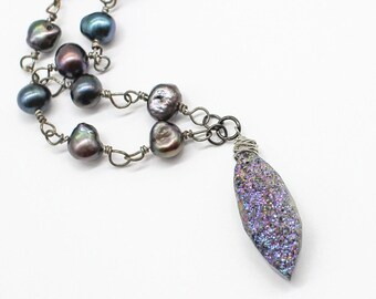 Wire Wrapped Freshwater Pearls & Titanium Druzy Pendant Necklace