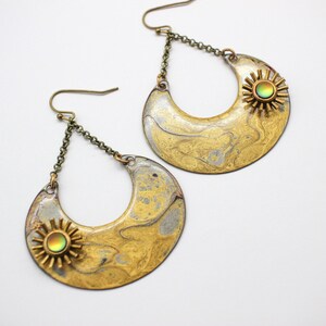 Abstract Fluid Art W/ Industrial Vitrail Flowers Brass Pendant Earrings