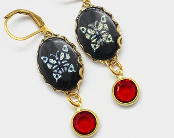 Vintage Butterfly Glass W Siam Swarovski Dangle Earrings