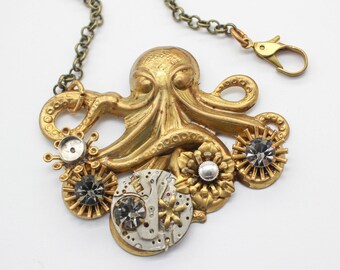 Steampunk Octopus Assemblage Pendant Necklace W/ Vintage Black Diamond Crystals & Flowers