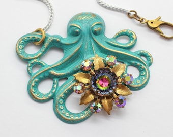 Hand Painted Octopus W/ Vintage Rhinestone Flower & Unusual Vitrail Crystal Assemblage Pendant Necklace