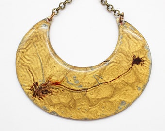 Blood Splatter Abstract Fluid Art Resin Brass Crescent Pendant Necklace