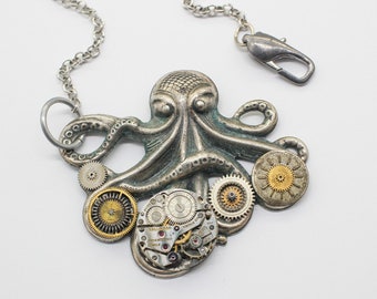 Oxidized Silver Steampunk Octopus Assemblage Pendant Necklace