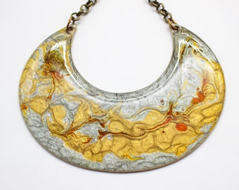 Abstract Fluid Art Resin Brass Crescent Pendant Necklace