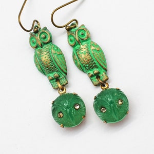 Hand Painted & Distressed Owl Sitting On Top Of Vintage Glass Owl Heads With Rhinestone Eyeballs Assemblage Earrings