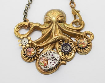 Steampunk Octopus Assemblage Pendant Necklace W/ Vintage Opals & Flowers