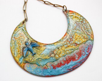 Birds Eye View Abstract Fluid Art Resin Brass Crescent Pendant Necklace