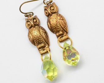 Owls W/ Jonquil Briolette Dangle Assemblage Earrings