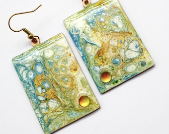 Abstract Fluid Art W/ Frosted Vitrail Stones Resin Earrings