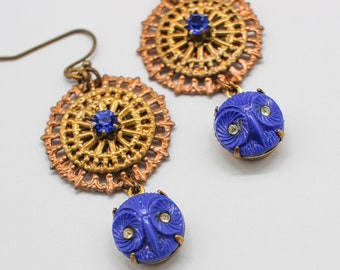 Sapphire Blue Owl Head Filigree Earrings