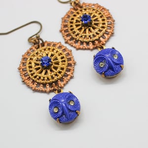 Sapphire Blue Owl Head Filigree Earrings