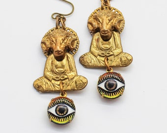 Meditating Ram Buddha Earrings W/ Vitrail Evil Eyes