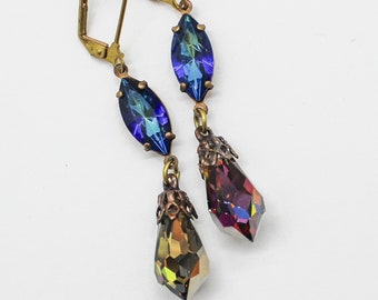 Vintage Volcano & Bermuda Blue Austrian Crystal Dangle Earrings