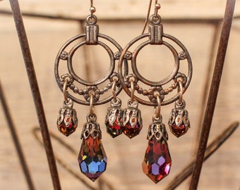 Vintage Volcano Crystals & Hand Painted Antiqued Silver Assemblage Dangle Earrings
