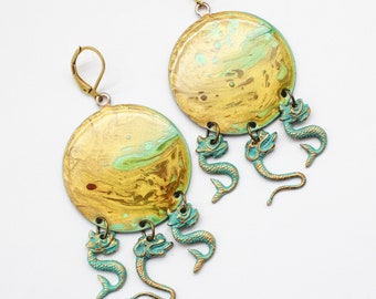 Planetary Abstract Fluid Art Pendant Earrings W/ Hand Painted Kooky Dragon Dangles