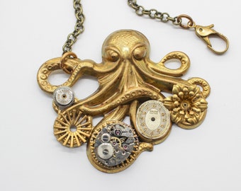 Steampunk Octopus Assemblage Pendant Necklace W/ Vintage Flowers