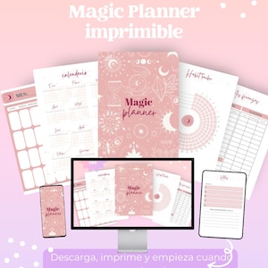 Printable Permanent PDF Planner | Timeless Planner in Spanish | Daily, Weekly, and Monthly Planner | Pink & Burgundy | DIY | 17x21cm