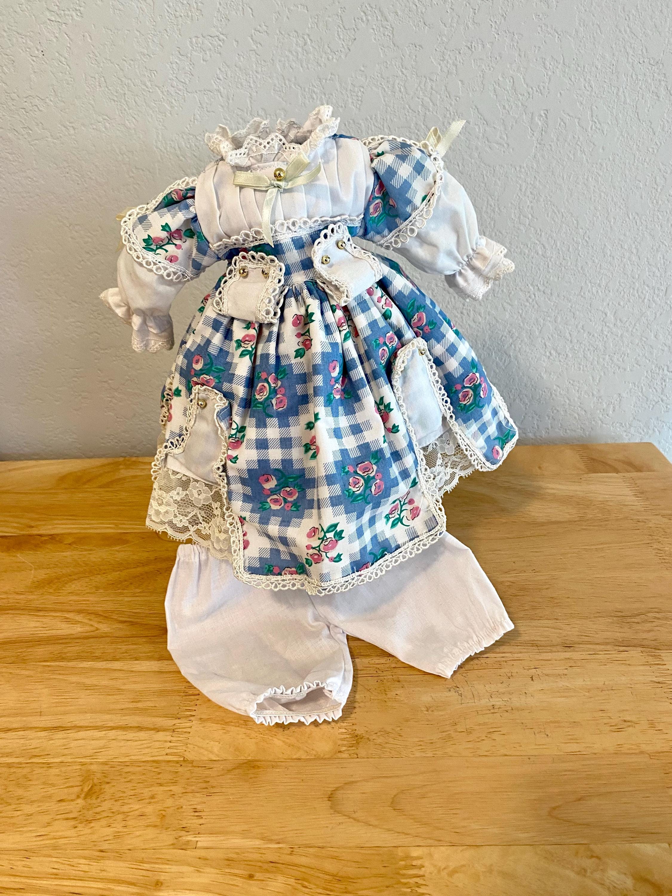 Vintage 14" doll dress, Cotton print Lace trim and Pantaloons