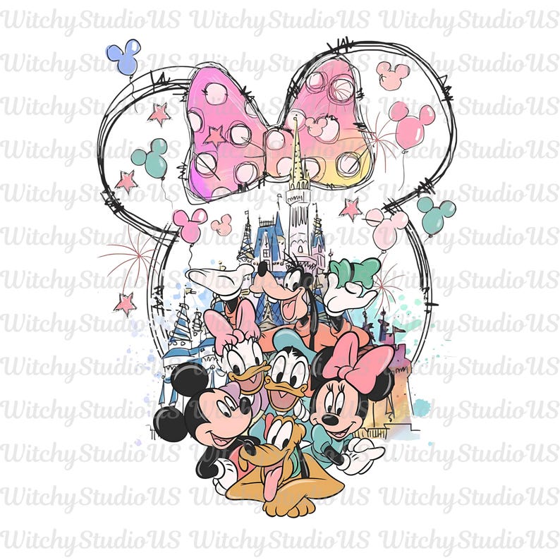 Puede incluir: Una ilustraci&oacute;n caprichosa con Mickey Mouse, Minnie Mouse, Donald, Goofy y Pluto, con un castillo de fondo. El dise&ntilde;o incluye un lazo rosa con lunares, estrellas y globos, todo dentro de un contorno de oreja de Mickey Mouse. Texto: "Witchy Studio US".