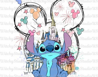 Château de point aquarelle Png, Stitch et Angel Png, Stitch Png, Château Disney Png, Magical Kingdom Png, téléchargement numérique