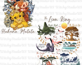 May include: A graphic featuring characters and scenes from "The Lion King." It includes Simba, Pumbaa, and Timon with floral accents, along with Pride Rock, the Tree of Life, flamingos, and the text "Hakuna Matata."