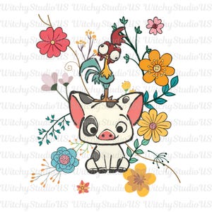 May include: A whimsical illustration featuring a cartoon pig with black spots, a rooster, and colorful flowers. The pig is white with pink ears and a pink snout. The rooster is red, blue, and yellow. The flowers are red, yellow, and blue.