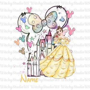 Peut inclure: Illustration à l'aquarelle d'une princesse en robe jaune tenant une rose, avec un château et des oreilles de Mickey. Des ballons roses et le mot "NAME" sont également inclus.