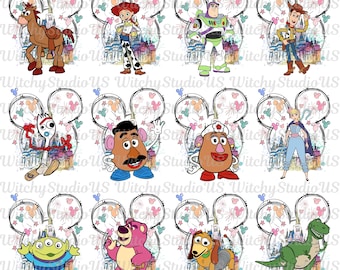 Pacote de imagens PNG de Toy Story, clipart de cabeça de Mickey e castelo, viagem de férias em família, arte em aquarela com orelhas do Mickey no castelo, modo férias