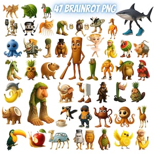 May include: A selection of 47 quirky PNG images showcasing personified characters. The images include a shark in trainers, a coffee cup ballerina, a toucan, and a snail with an apple. The text "47 BRAINROT PNG" is displayed at the top.