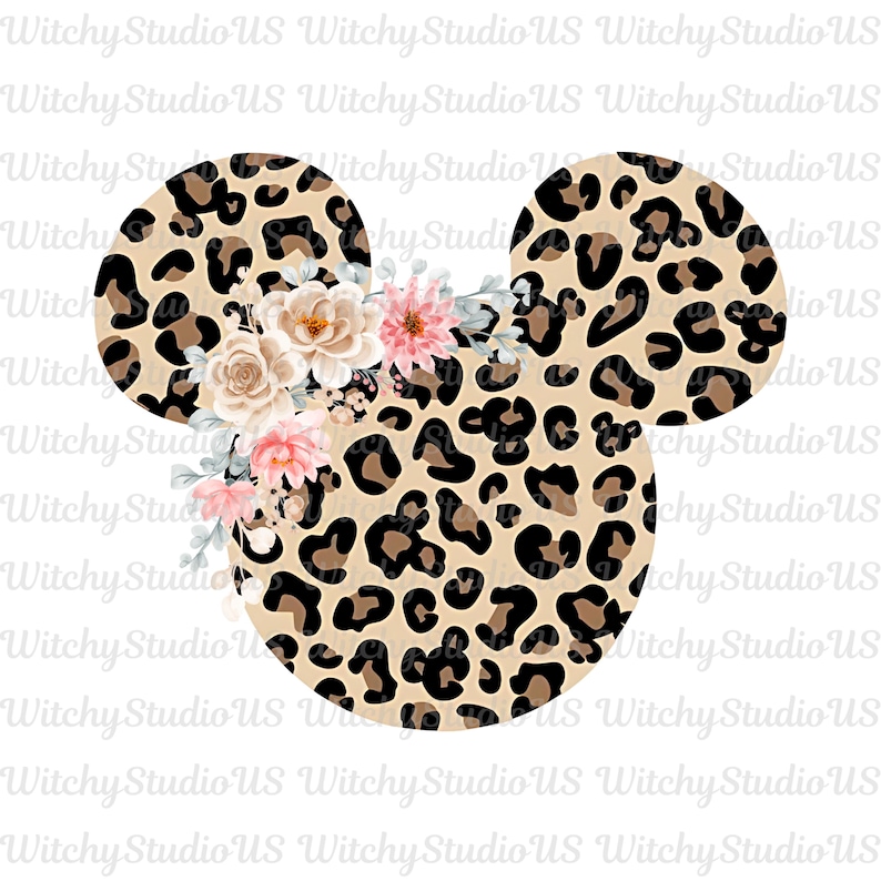 May include: A leopard print Mickey Mouse head design with floral accents. The design features a tan background with dark brown spots, and is adorned with pink, beige, and white flowers. The text "Witchy Studio US" is repeated across the top and bottom.