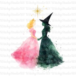 Könnte beinhalten: Aquarellillustration von zwei Figuren, die sich an den Händen halten, eine in einem rosa Kleid und die andere in einem grünen Kleid und Hexenhut. Ein goldener Stern befindet sich darüber. Der Text "Witchy Studio US" ist vorhanden.