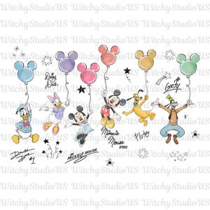 May include: A watercolour illustration of Disney characters, each holding a Mickey Mouse-shaped balloon. Donald Duck, Daisy Duck, Minnie Mouse, Mickey Mouse, Pluto, and Goofy are shown with balloons in various colours. Stars and signatures are also included.