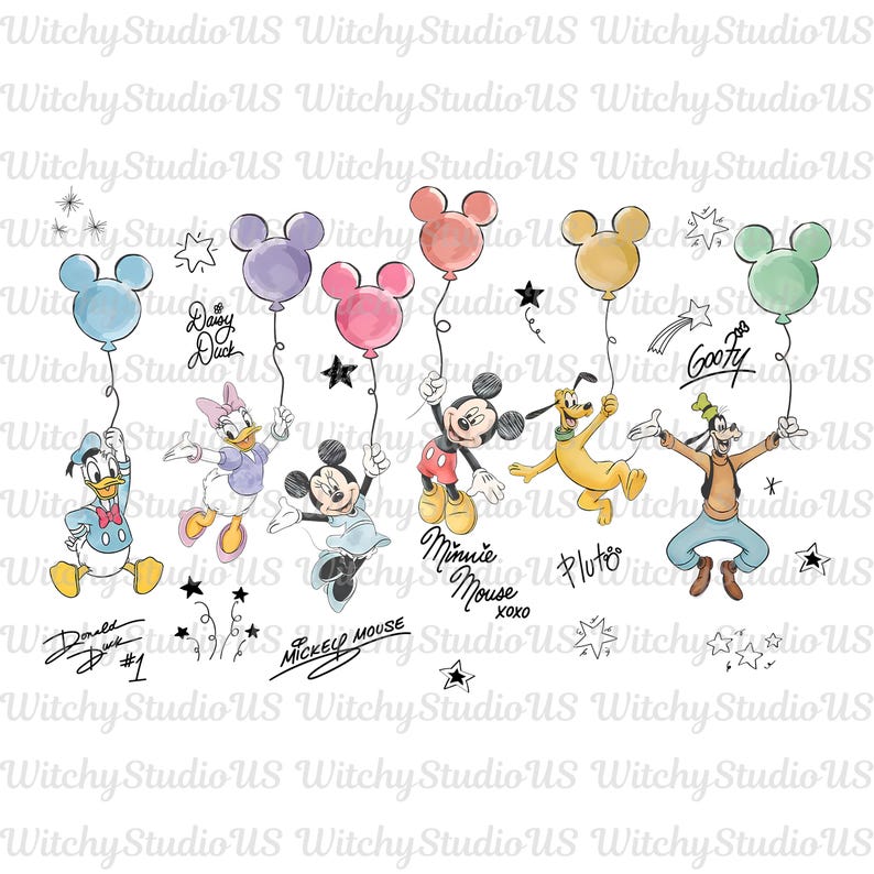 May include: A watercolour illustration of Disney characters, each holding a Mickey Mouse-shaped balloon. Donald Duck, Daisy Duck, Minnie Mouse, Mickey Mouse, Pluto, and Goofy are shown with balloons in various colours. Stars and signatures are also included.