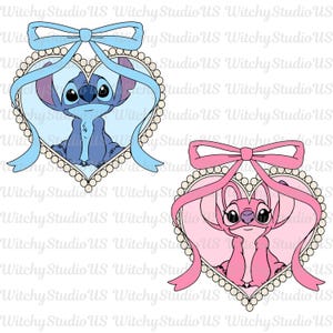 May include: Two heart-shaped designs featuring cartoon characters. One is blue with a blue bow, the other is pink with a pink bow. Both have a pearl border and the characters are inside the heart.