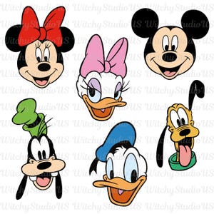 Könnte beinhalten: Eine Sammlung von Gesichtern von Zeichentrickfiguren, darunter Micky Maus, Minnie Maus, Donald Duck, Daisy Duck, Goofy und Pluto. Jede Figur wird mit kräftigen Umrissen und leuchtenden Farben dargestellt, die ihre ikonischen Merkmale und Ausdrücke hervorheben. Der Hintergrund ist weiß.