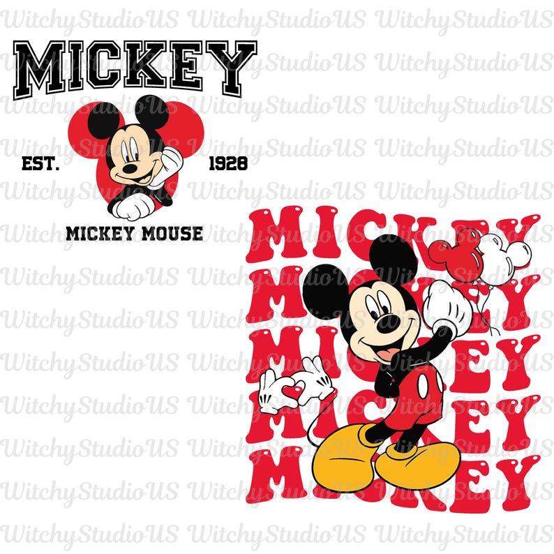 May include: A collection of Mickey Mouse designs. Includes the word "MICKEY" in a bold, black font, a smiling Mickey Mouse graphic, and the text "EST. 1928". Also features Mickey Mouse with red text.