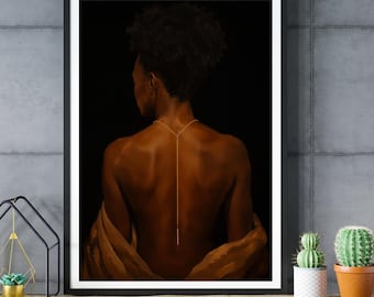 Black Woman Wall Art, Gold Body Chain Portrait, Elegant Minimalist Decor (Digital Download)