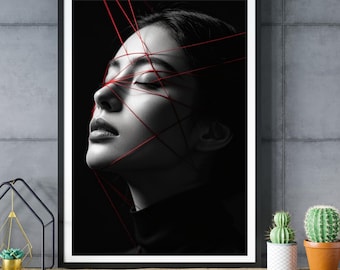 Surreal Portrait Print, Red Thread Wall Art, Black and White Decor, Modern Artwork