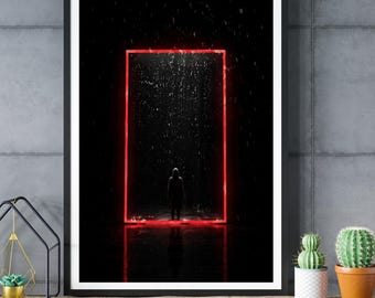 Neon Wall Art, Surreal Sci Fi Print, Moody Dark Poster, Rainy Night Figure Decor