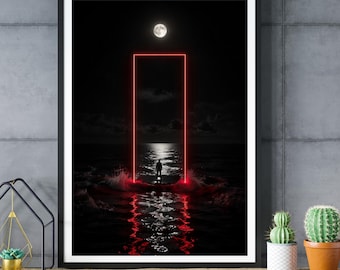 Surreal Neon Portal Ocean Print, Moonlit Seascape Wall Art (Digital Download)