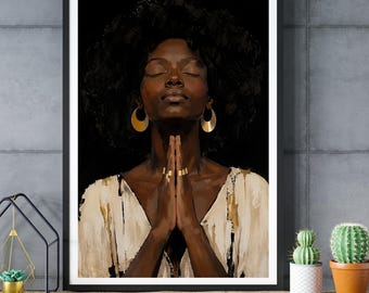 Black Woman Praying Art Print, Spiritual Wall Decor, Afrocentric Home Accent, Faith Inspired Artwork