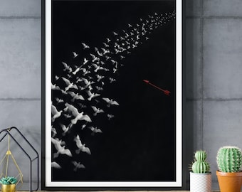 Flock of Birds Wall Art, Red Arrow Print, Surreal Minimalist Decor, Modern Symbolic Artwork