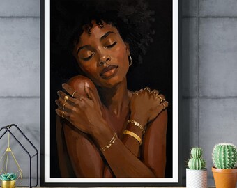 Afro Woman Portrait Print, Self Love Wall Art, Black Woman Decor, Modern Artwork