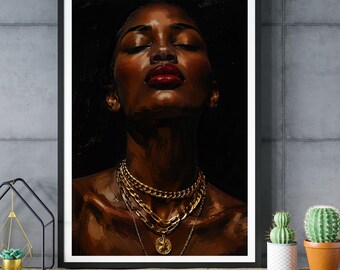 Portrait Print, Afro Woman Wall Art, Gold Chain Portrait, Bold Red Lips Decor
