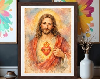 Sacred Heart Jesus Watercolor Art, Christian Religious Decor, Catholic Painting (Digital Download)