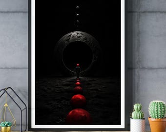 Surreal Red Sphere Path Print, Cosmic Portal Sci-Fi Decor (Digital Download)
