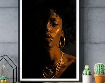 Afro Woman Portrait Print, Gold Jewelry Wall Art, Black Woman Decor, Modern Artwork